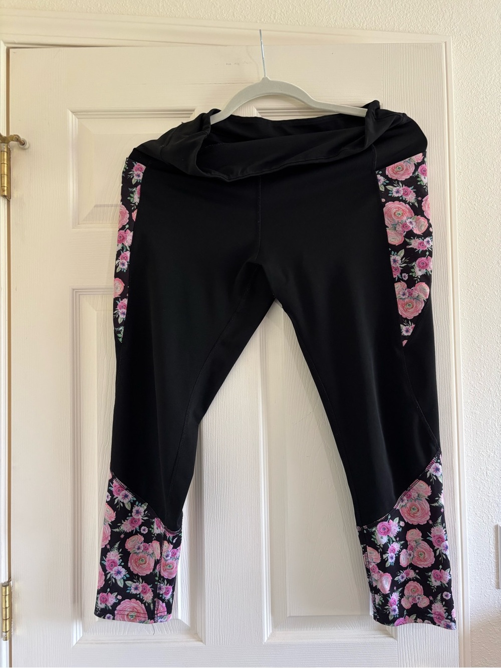 Disney Black Cropped Leggings with Pink Floral Panels